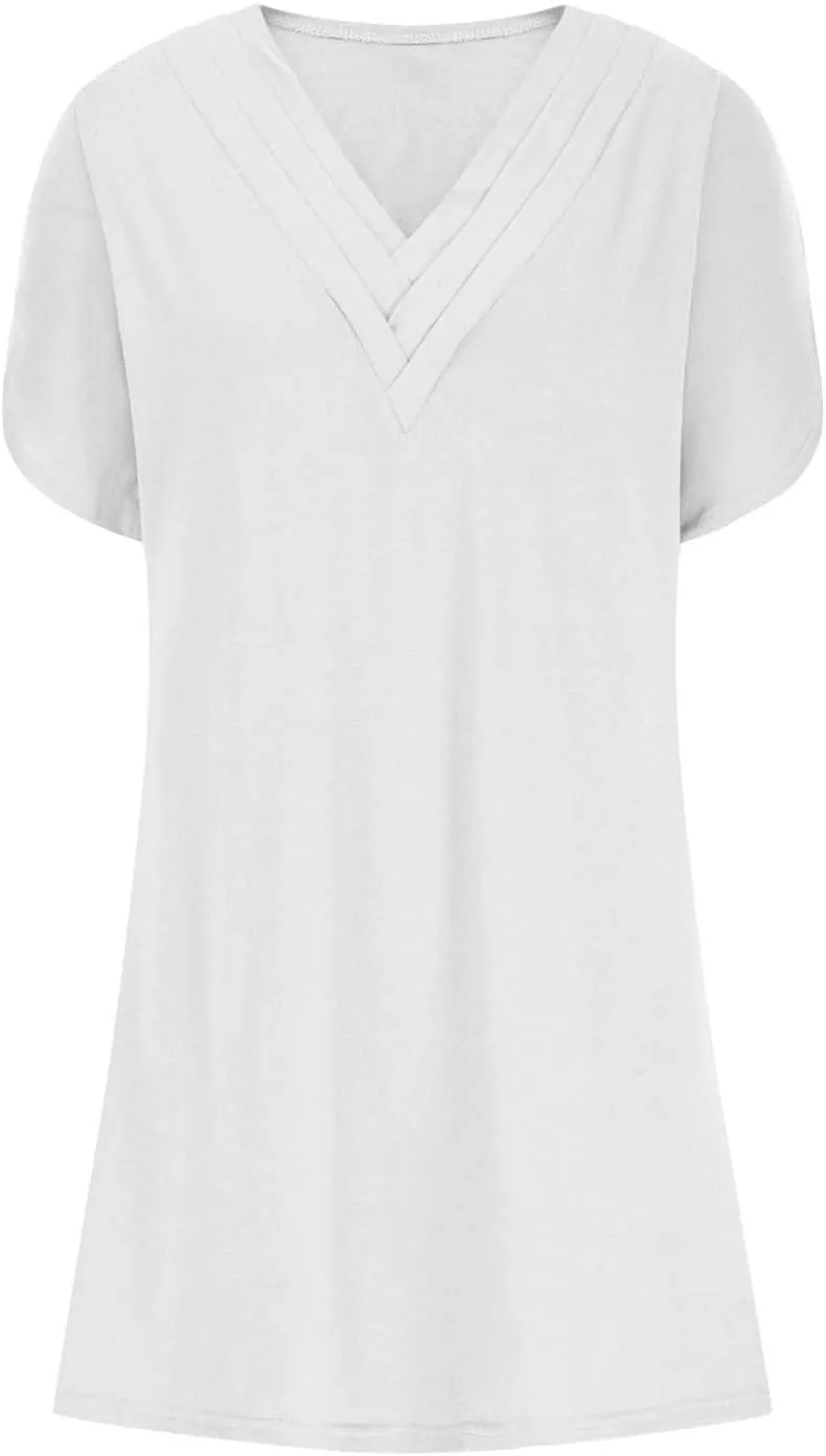 Womens Casual Midi Dress V Neck Short Sleeve Shirt Dress Solid Color Tunic Sundress Summer Beach Outfits Clothes