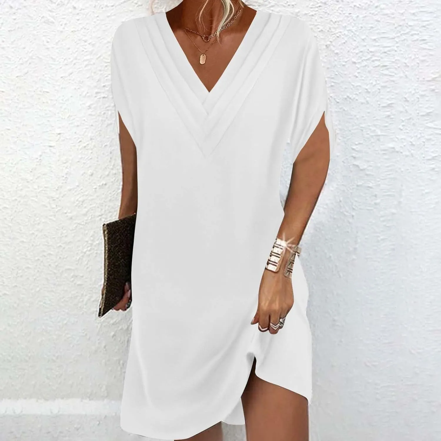 Womens Casual Midi Dress V Neck Short Sleeve Shirt Dress Solid Color Tunic Sundress Summer Beach Outfits Clothes