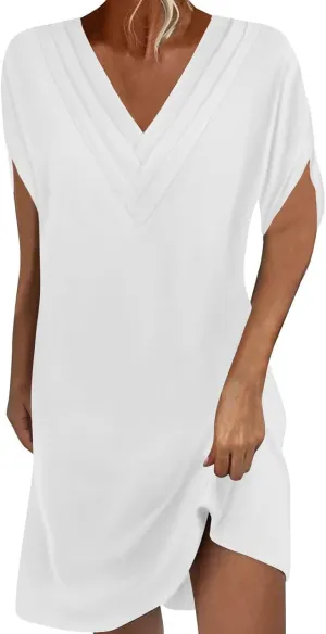 Womens Casual Midi Dress V Neck Short Sleeve Shirt Dress Solid Color Tunic Sundress Summer Beach Outfits Clothes