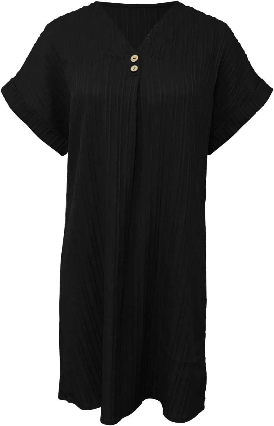 Womens Casual Shirt Dress Cap Sleeve Solid Color Button V Neck Shift Summer Dresses with Pockets