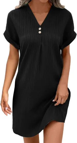 Womens Casual Shirt Dress Cap Sleeve Solid Color Button V Neck Shift Summer Dresses with Pockets