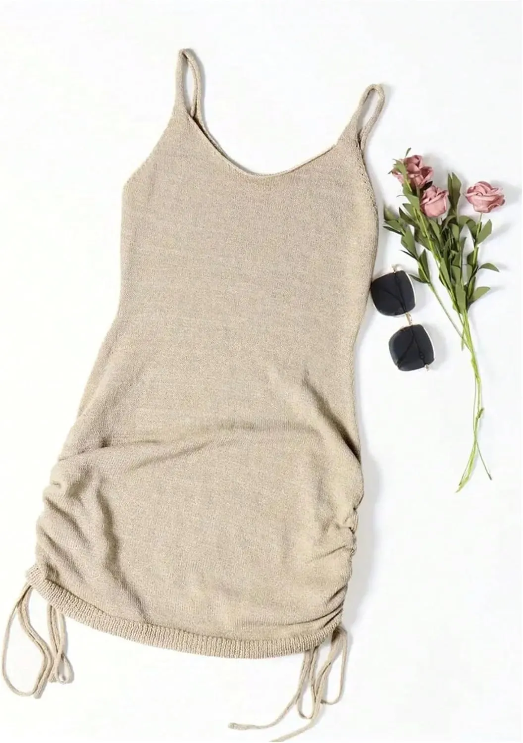 Women's Casual Short Cami Sweater Dress Sleeveless Drawstring Side Knitted Mini Dress