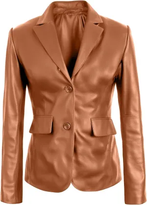 Women's Classic 2-Button Lambskin Leather Blazer Women - Casual Coat Long Sleeves Suit Style Leather Jacket