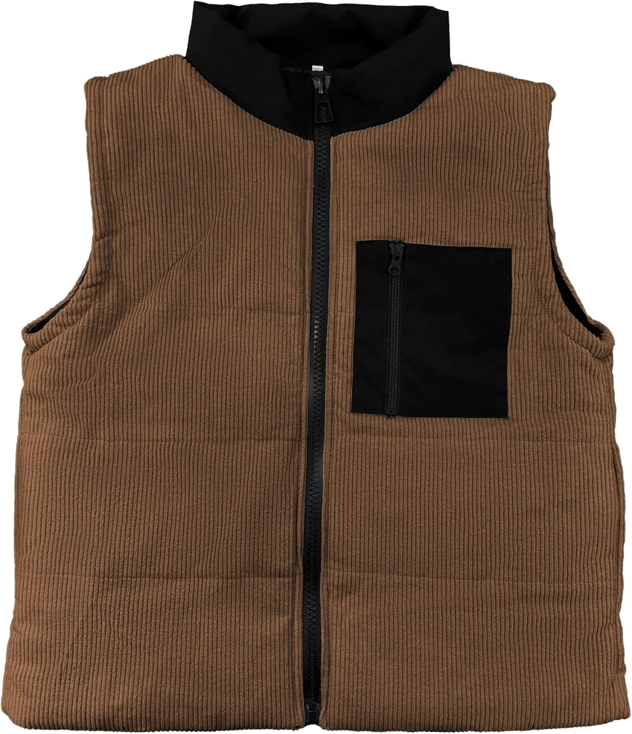 Women's Corduroy Puffer Vest Cropped Stand Collar Zip Up Color Block Vests Warm Gilet Jacket Outerwear with Pocket
