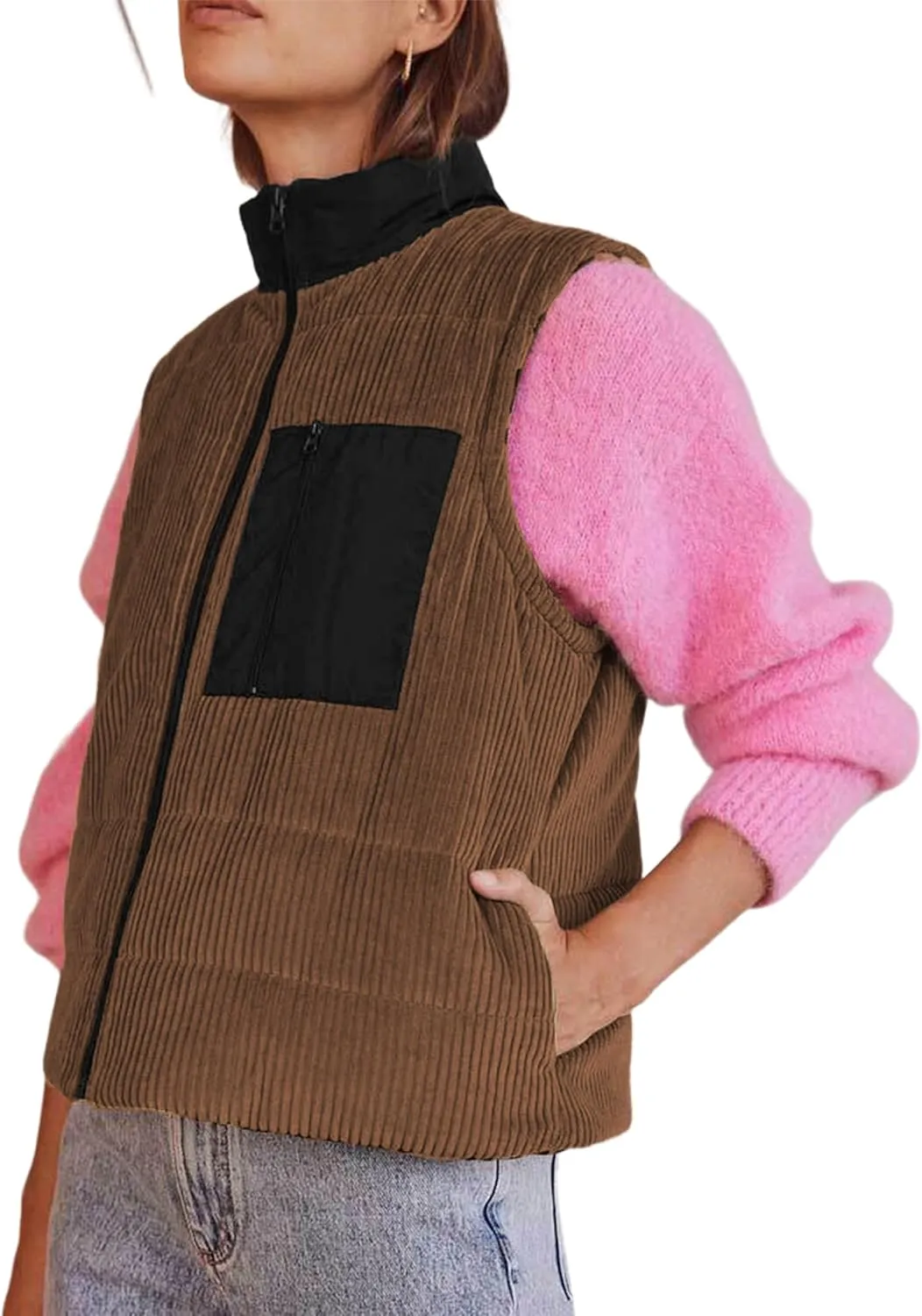 Women's Corduroy Puffer Vest Cropped Stand Collar Zip Up Color Block Vests Warm Gilet Jacket Outerwear with Pocket