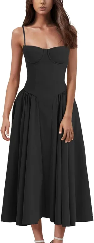 WomenS Corset Dress Spaghetti Strap Bustier Midi Party Dress 2025 Vintage Flowy Pleated Hem Low Cut Prom Dresses