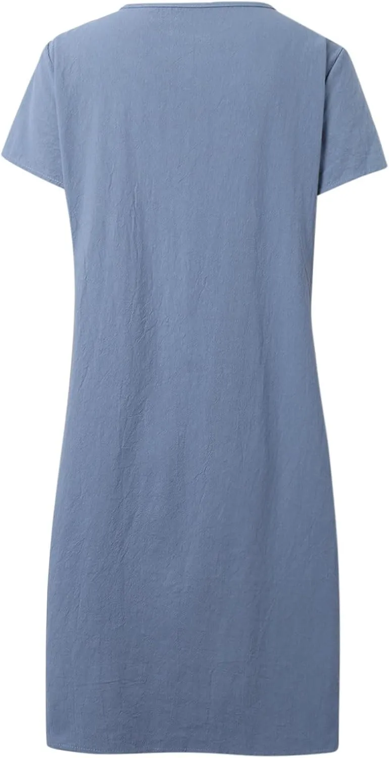 Women's Cotton Linen Midi Dress Vintage Cap Sleeve Pleated Summer Dresses Crew Neck Casual Sundress Vacation Outfits