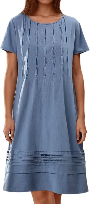 Women's Cotton Linen Midi Dress Vintage Cap Sleeve Pleated Summer Dresses Crew Neck Casual Sundress Vacation Outfits