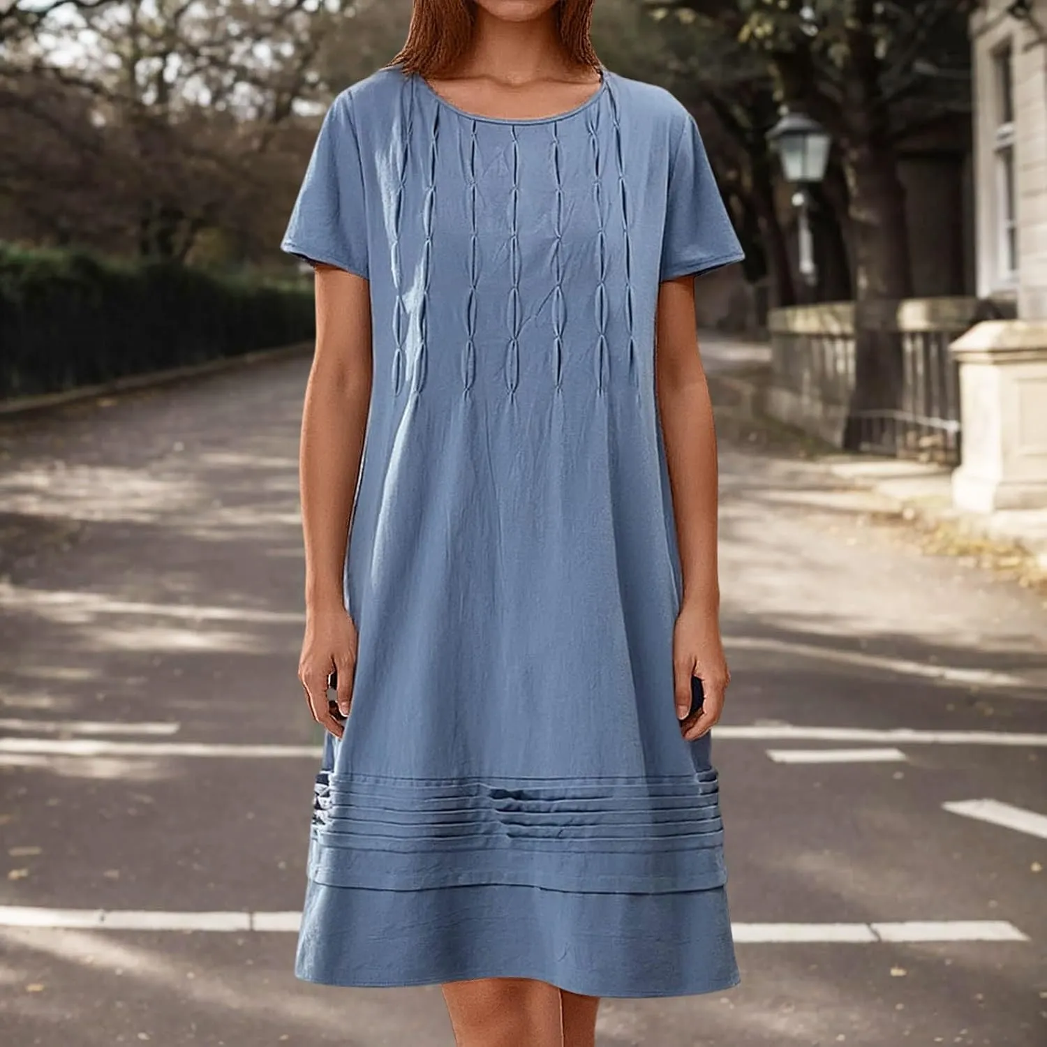 Women's Cotton Linen Midi Dress Vintage Cap Sleeve Pleated Summer Dresses Crew Neck Casual Sundress Vacation Outfits