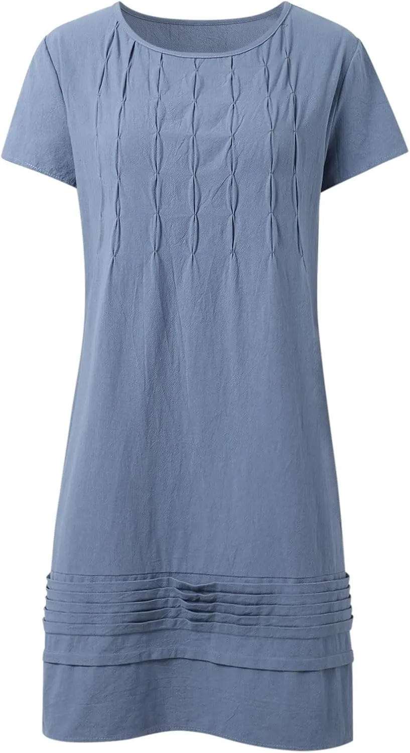 Women's Cotton Linen Midi Dress Vintage Cap Sleeve Pleated Summer Dresses Crew Neck Casual Sundress Vacation Outfits