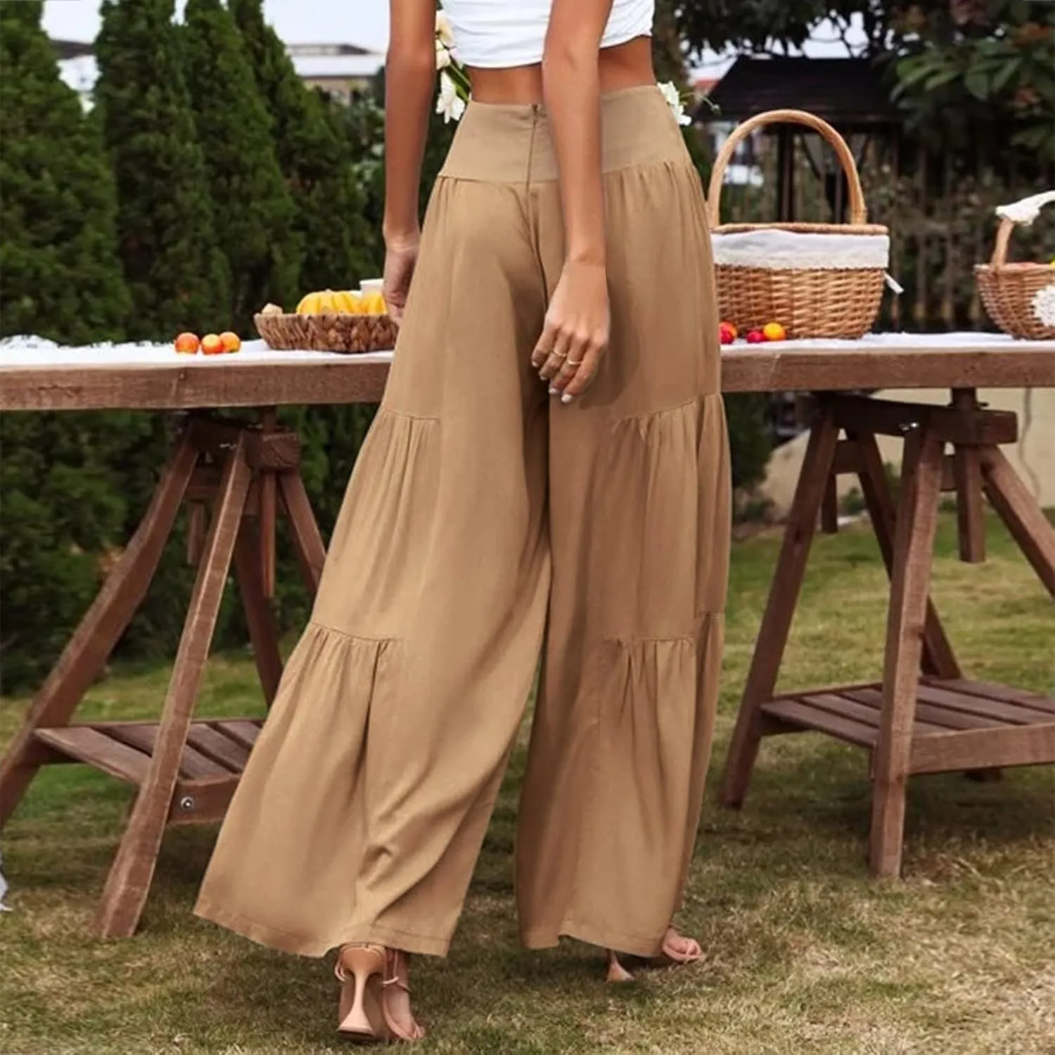 Womens Cotton Linen Wide Leg Pants Palazzo Plus Size Cropped Harem Pants Elastic Waist Capris Shorts with Pockets