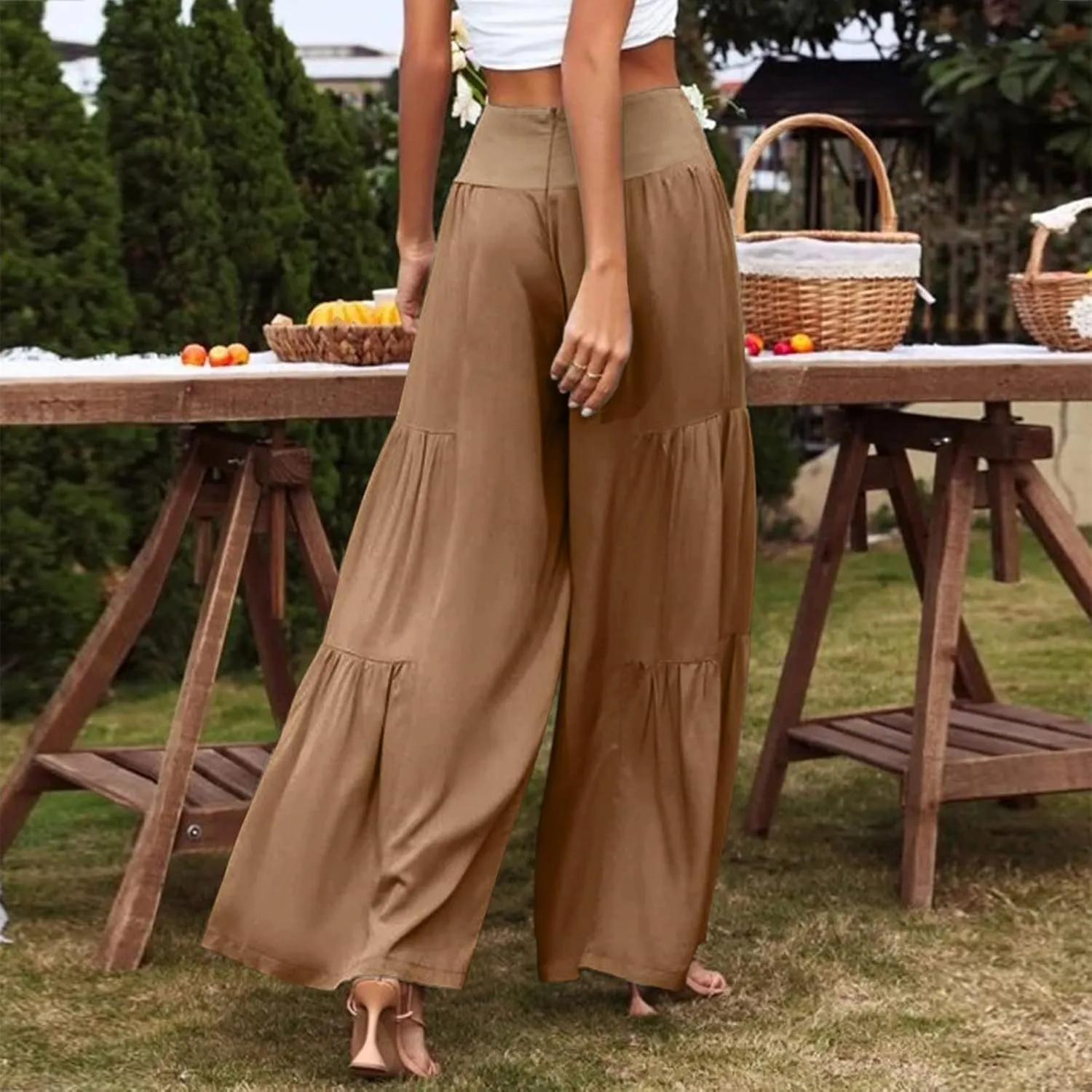 Womens Cotton Linen Wide Leg Pants Palazzo Plus Size Cropped Harem Pants Elastic Waist Capris Shorts with Pockets