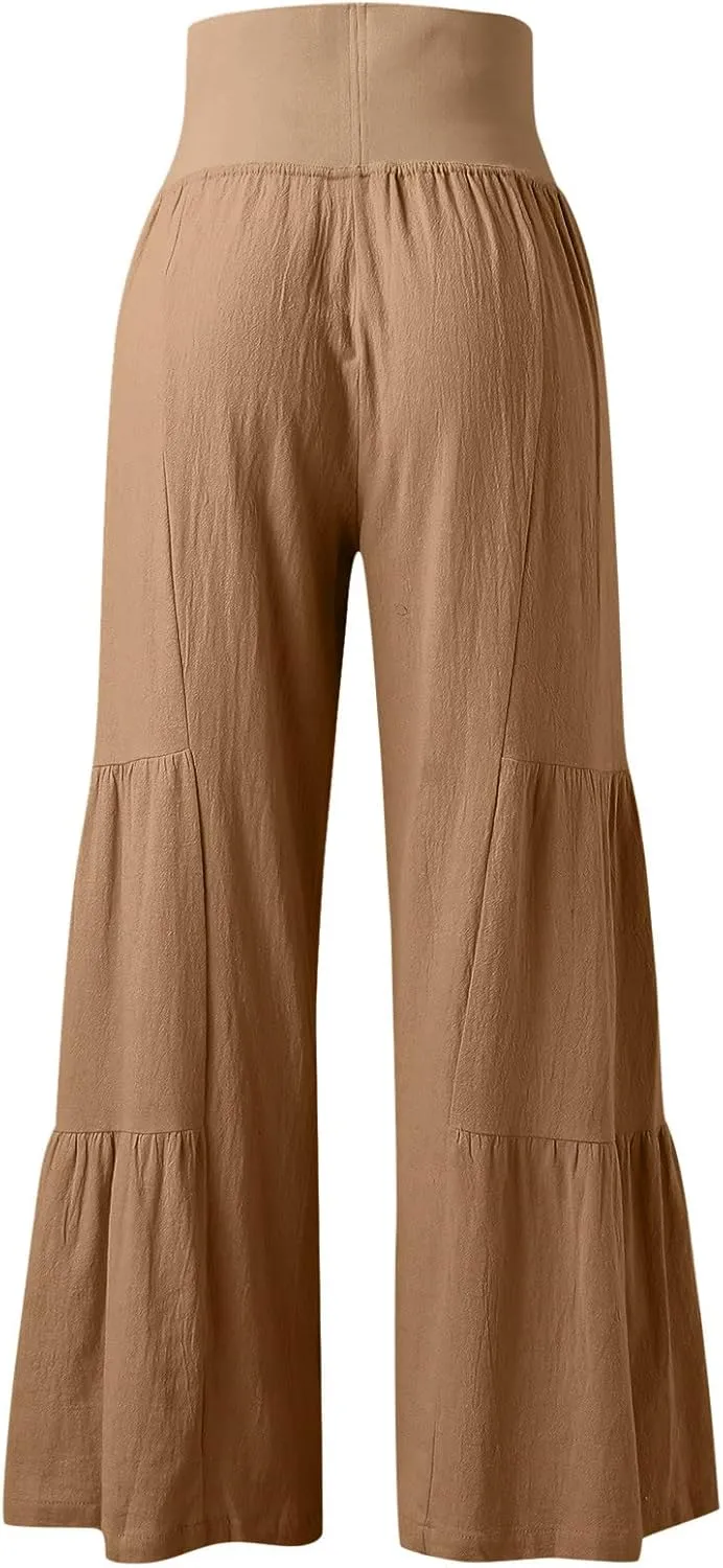 Womens Cotton Linen Wide Leg Pants Palazzo Plus Size Cropped Harem Pants Elastic Waist Capris Shorts with Pockets