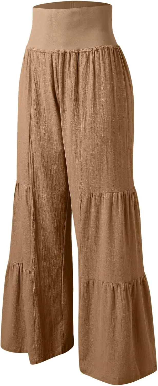 Womens Cotton Linen Wide Leg Pants Palazzo Plus Size Cropped Harem Pants Elastic Waist Capris Shorts with Pockets