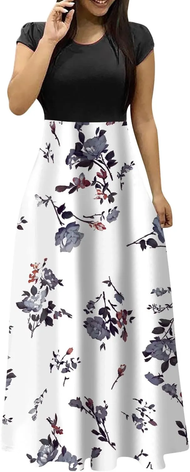 Women's Crew Neck Boho Maxi Dress Casual Elegant Short Sleeve Dress Floral Printed 2025 Spring Summer Dresses