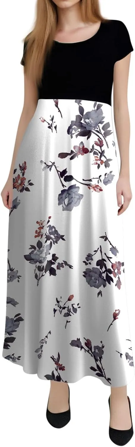 Women's Crew Neck Boho Maxi Dress Casual Elegant Short Sleeve Dress Floral Printed 2025 Spring Summer Dresses
