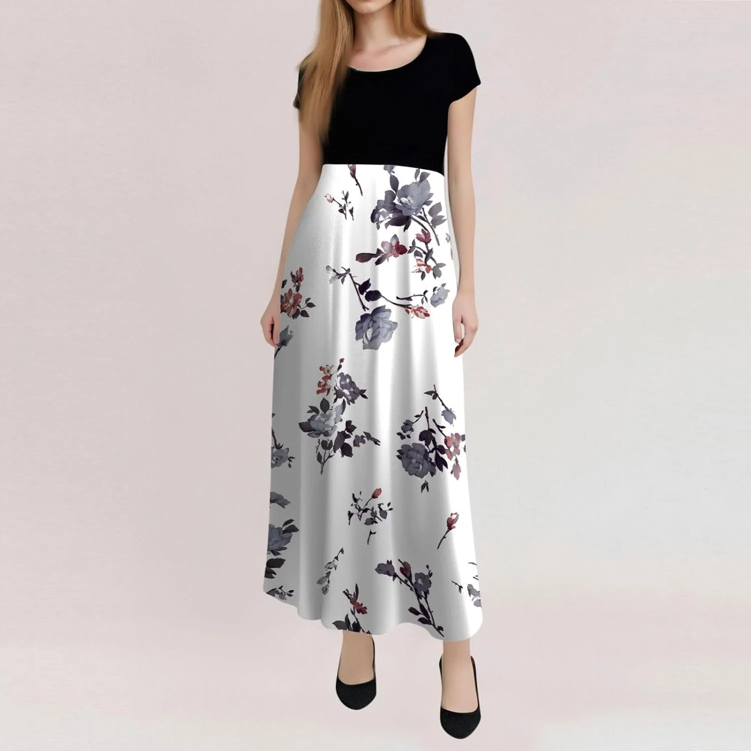 Women's Crew Neck Boho Maxi Dress Casual Elegant Short Sleeve Dress Floral Printed 2025 Spring Summer Dresses