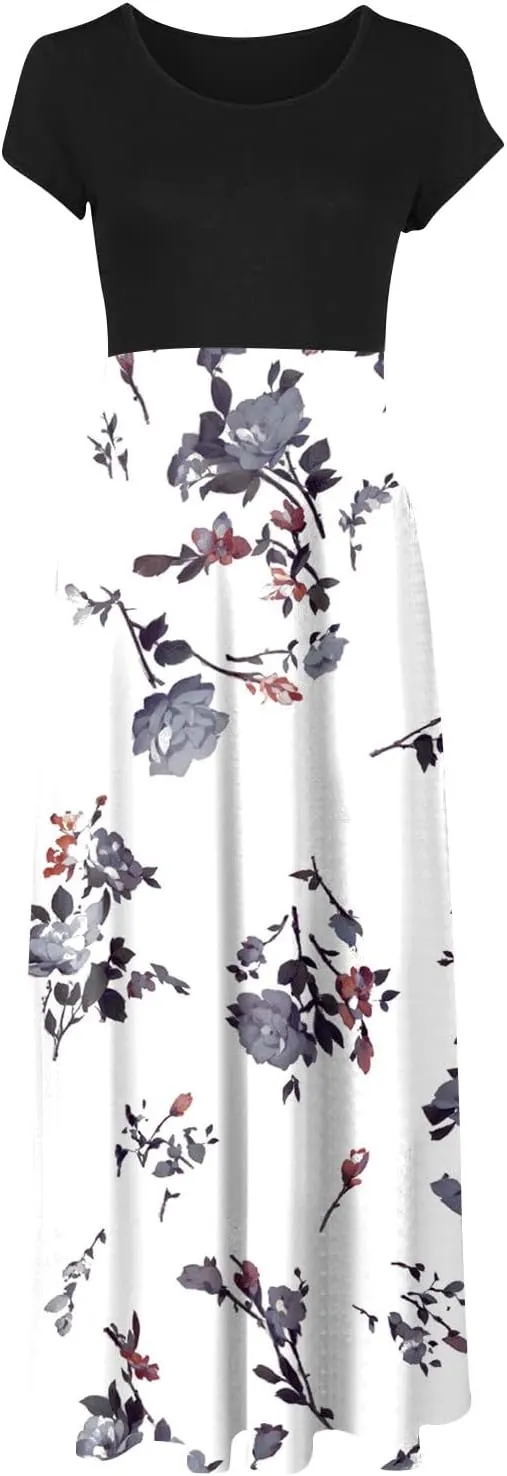Women's Crew Neck Boho Maxi Dress Casual Elegant Short Sleeve Dress Floral Printed 2025 Spring Summer Dresses