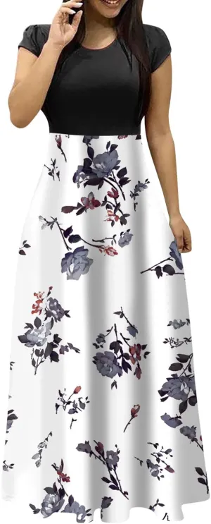 Women's Crew Neck Boho Maxi Dress Casual Elegant Short Sleeve Dress Floral Printed 2025 Spring Summer Dresses