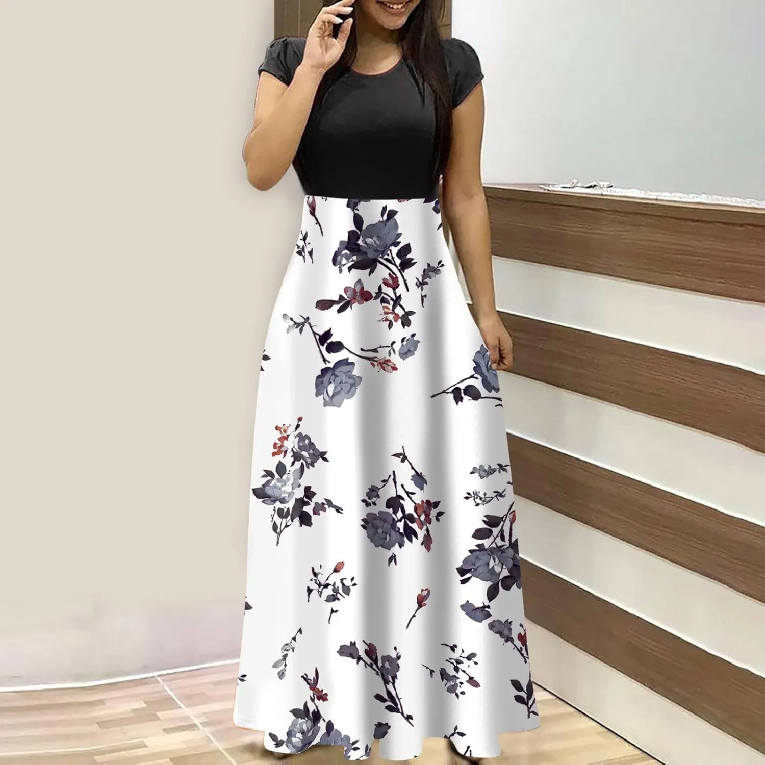 Women's Crew Neck Boho Maxi Dress Casual Elegant Short Sleeve Dress Floral Printed 2025 Spring Summer Dresses