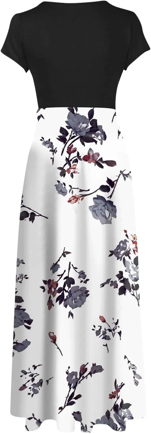 Women's Crew Neck Boho Maxi Dress Casual Elegant Short Sleeve Dress Floral Printed 2025 Spring Summer Dresses