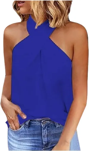 Womens Criss Cross Halter Tops Summer Sleeveless Sexy Casual Lightweight Tank Top Backless Trendy Blouse