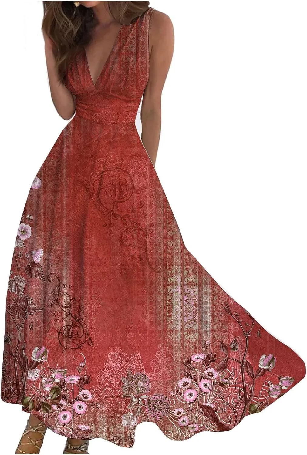 Womens Dresses Flowy Ruched Floral Print Boho Dress Sleeveless Wrap V Neck Beach Dresses Trendy Maxi Dress
