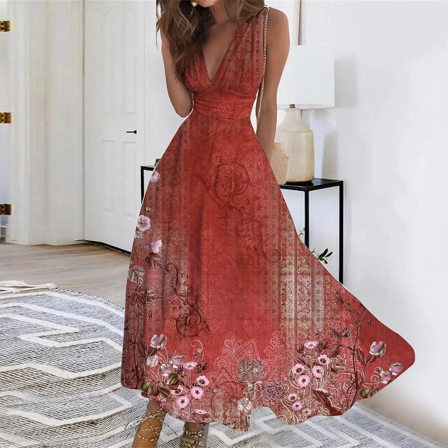 Womens Dresses Flowy Ruched Floral Print Boho Dress Sleeveless Wrap V Neck Beach Dresses Trendy Maxi Dress