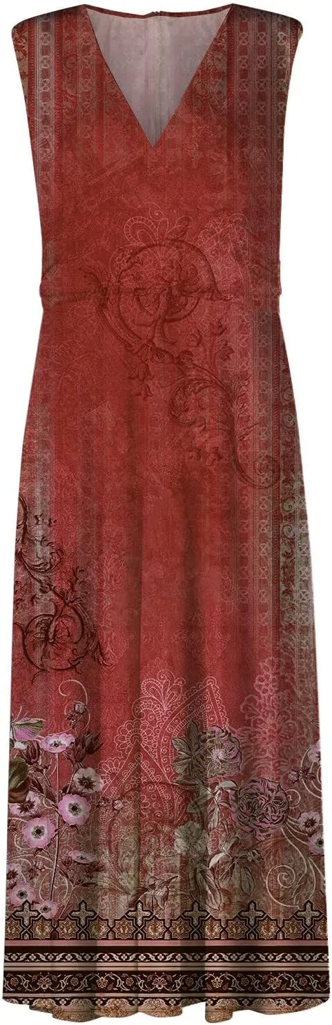 Womens Dresses Flowy Ruched Floral Print Boho Dress Sleeveless Wrap V Neck Beach Dresses Trendy Maxi Dress