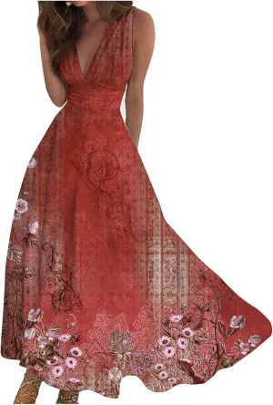 Womens Dresses Flowy Ruched Floral Print Boho Dress Sleeveless Wrap V Neck Beach Dresses Trendy Maxi Dress