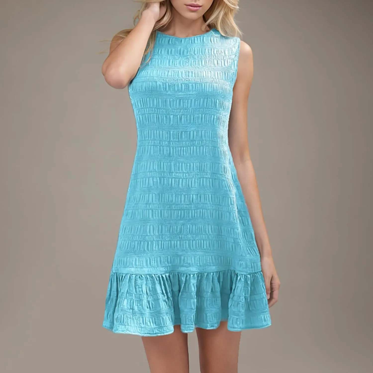 Women's Fashion Textured Tank Dress Summer Sleeveless Keyhole Back Mini Sundress Crewneck Ruffle Boho Swing Dresses