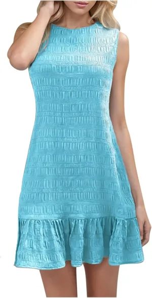 Women's Fashion Textured Tank Dress Summer Sleeveless Keyhole Back Mini Sundress Crewneck Ruffle Boho Swing Dresses