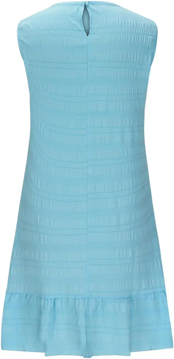 Women's Fashion Textured Tank Dress Summer Sleeveless Keyhole Back Mini Sundress Crewneck Ruffle Boho Swing Dresses