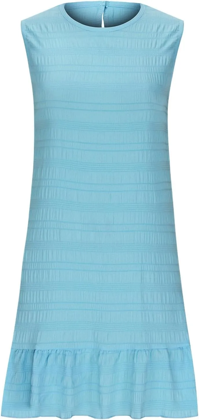Women's Fashion Textured Tank Dress Summer Sleeveless Keyhole Back Mini Sundress Crewneck Ruffle Boho Swing Dresses