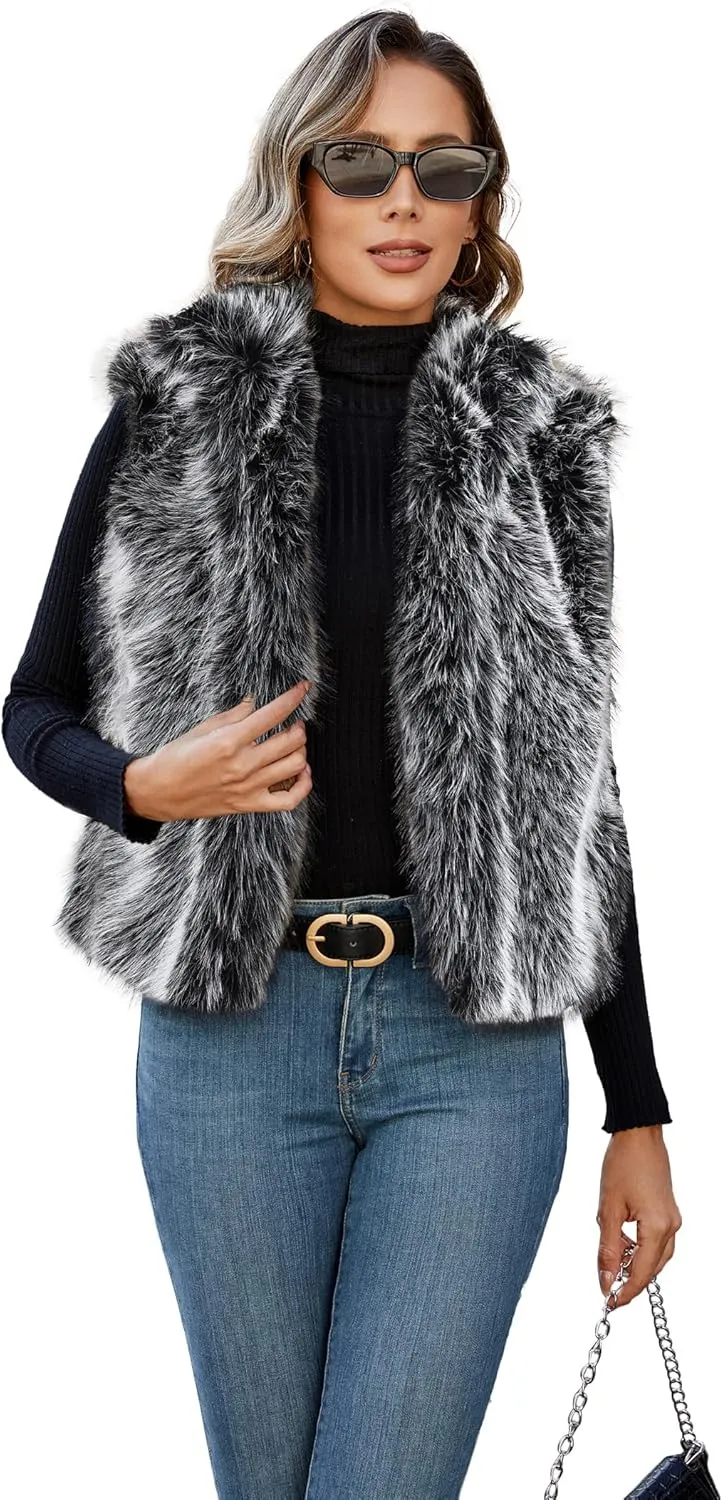 Womens Faux Fur Vest Stand Collar Sleeveless Open Front Cardigan Top Fuzzy Coats Jacket Fluffy Outwear with Pockets