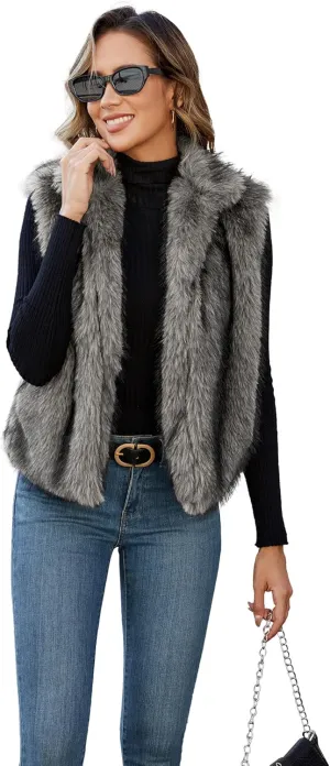 Womens Faux Fur Vest Stand Collar Sleeveless Open Front Cardigan Top Fuzzy Coats Jacket Fluffy Outwear with Pockets
