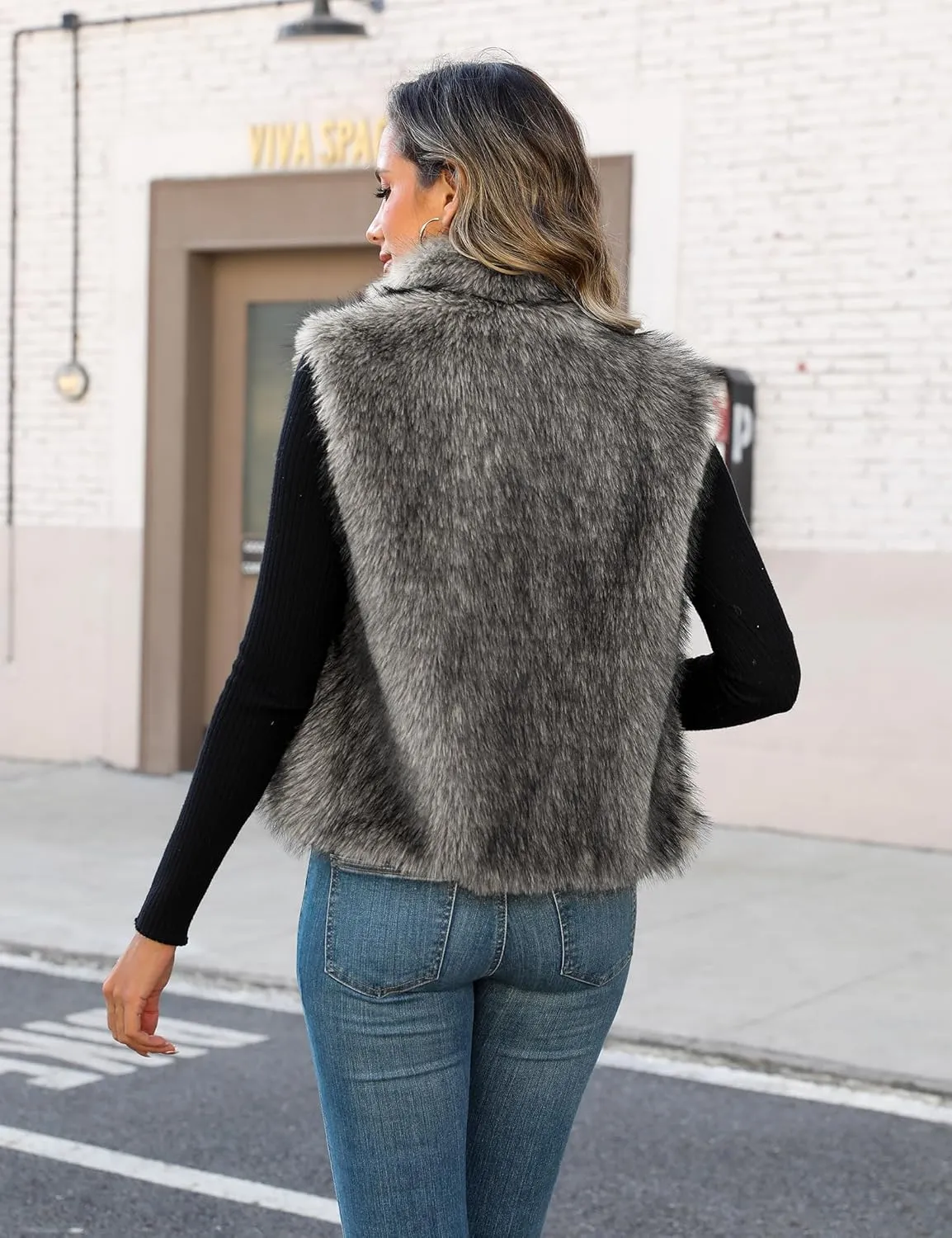 Womens Faux Fur Vest Stand Collar Sleeveless Open Front Cardigan Top Fuzzy Coats Jacket Fluffy Outwear with Pockets