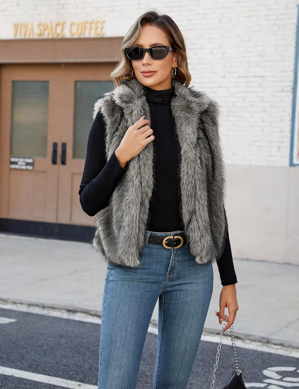 Womens Faux Fur Vest Stand Collar Sleeveless Open Front Cardigan Top Fuzzy Coats Jacket Fluffy Outwear with Pockets