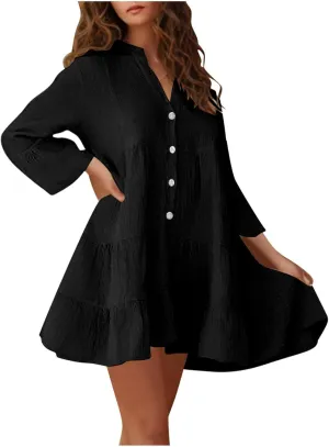 Women's Flare Long Sleeve Button Down Ruffle Hem Swing Babydoll Dress Casual Pleated Solid Color Flowy Mini Dresses