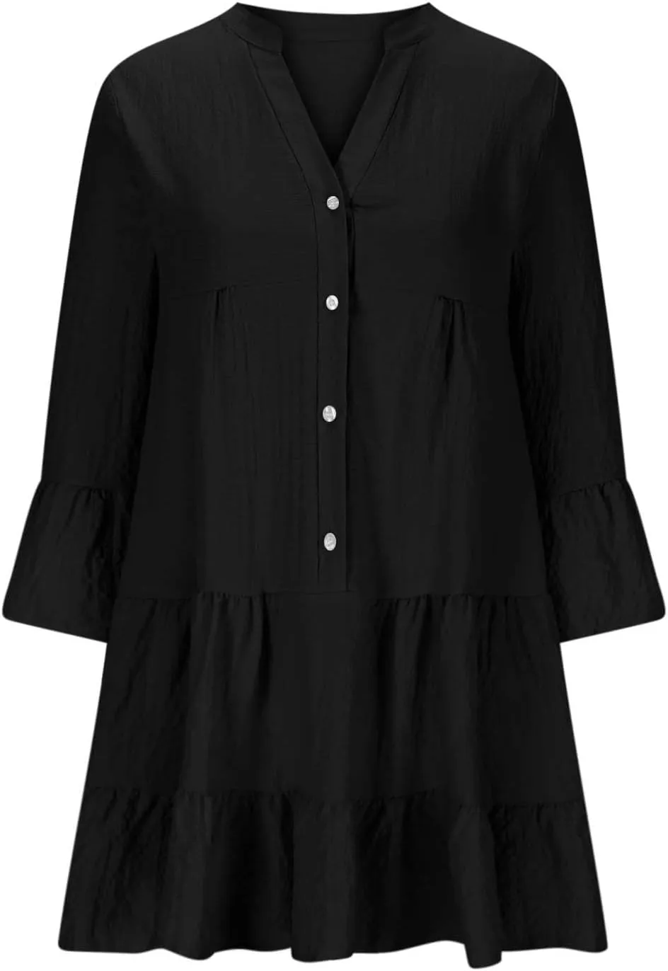 Women's Flare Long Sleeve Button Down Ruffle Hem Swing Babydoll Dress Casual Pleated Solid Color Flowy Mini Dresses