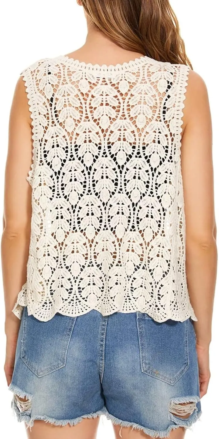 Women's Floral Crochet Vest Hollow Out Open Front Vintage Boho Lace Button Sleeveless Crochet Cardigan
