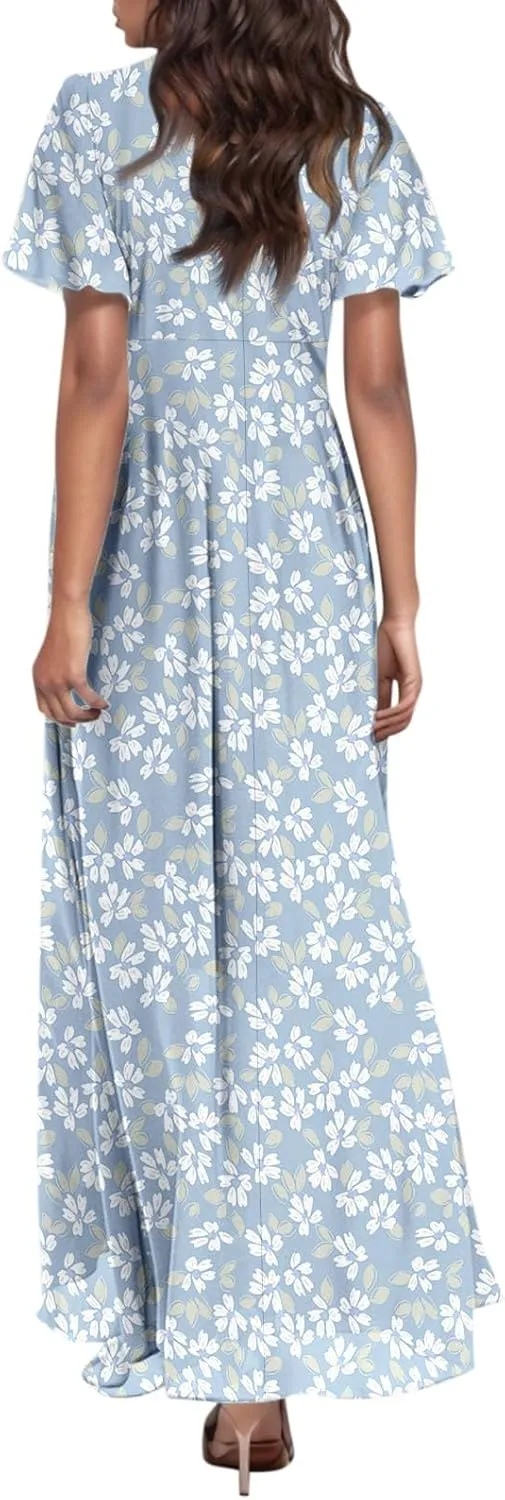 Women's Floral Print V Neck Ruffle Cap Sleeve Ruffle Hem Flowy Dress Boho High Waist Dresses for Women 2025