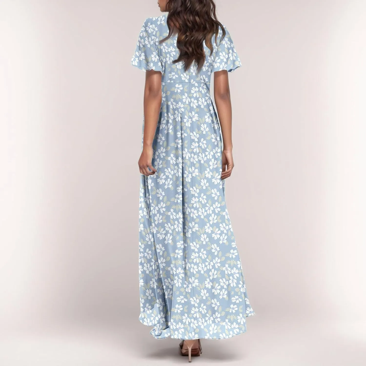 Women's Floral Print V Neck Ruffle Cap Sleeve Ruffle Hem Flowy Dress Boho High Waist Dresses for Women 2025