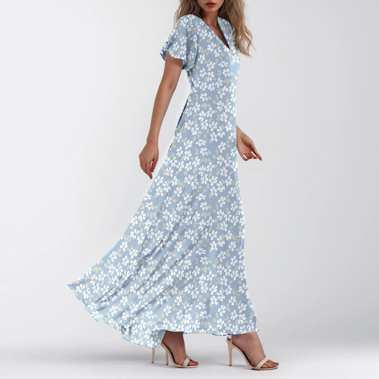Women's Floral Print V Neck Ruffle Cap Sleeve Ruffle Hem Flowy Dress Boho High Waist Dresses for Women 2025