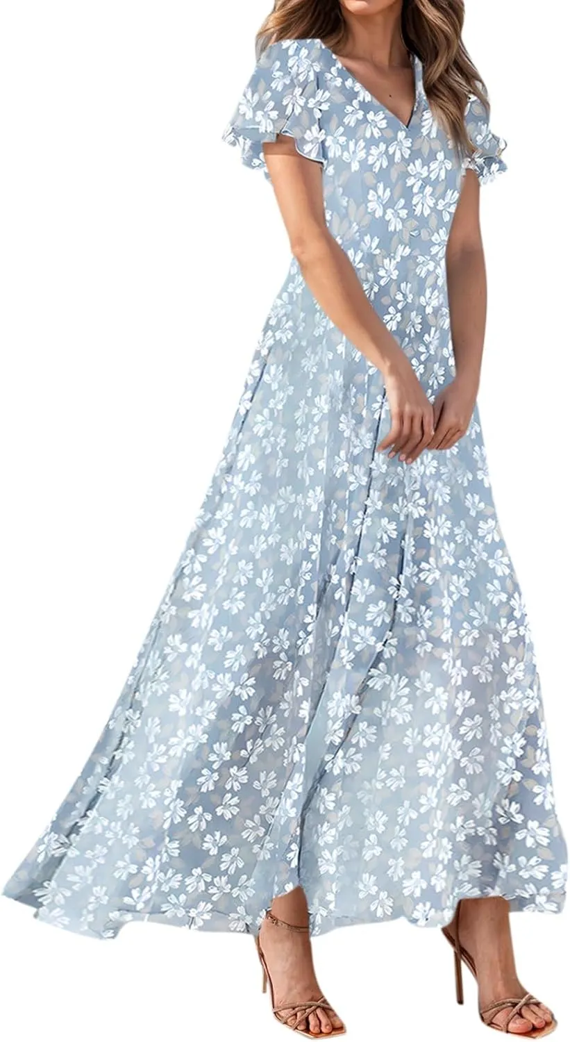 Women's Floral Print V Neck Ruffle Cap Sleeve Ruffle Hem Flowy Dress Boho High Waist Dresses for Women 2025