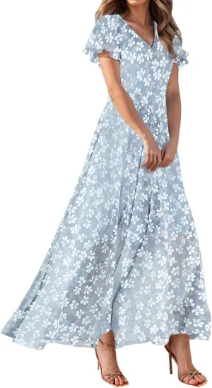 Women's Floral Print V Neck Ruffle Cap Sleeve Ruffle Hem Flowy Dress Boho High Waist Dresses for Women 2025