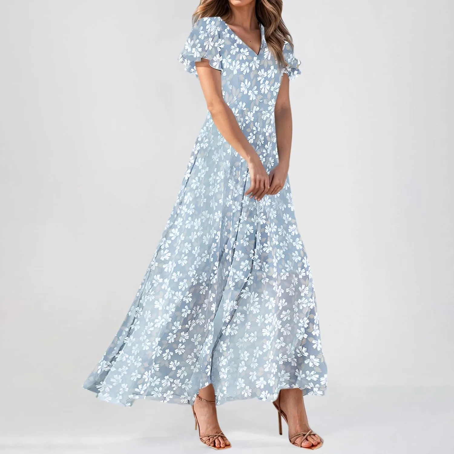 Women's Floral Print V Neck Ruffle Cap Sleeve Ruffle Hem Flowy Dress Boho High Waist Dresses for Women 2025