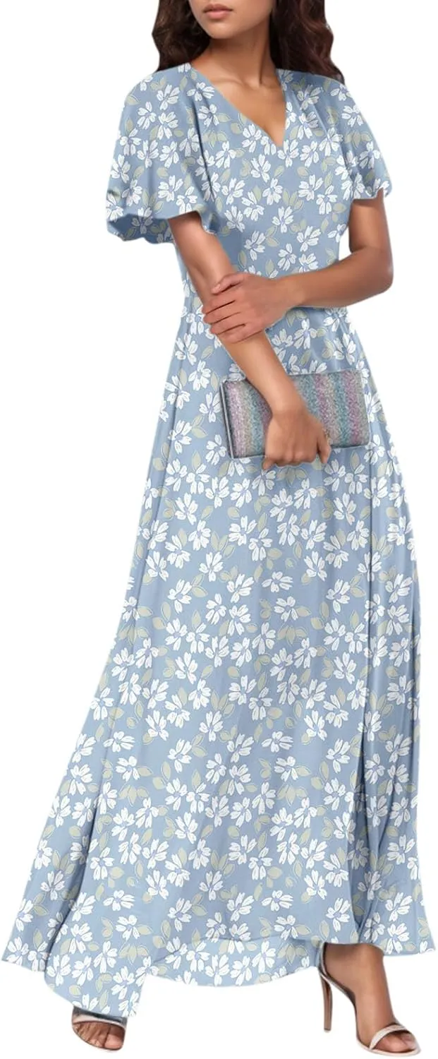 Women's Floral Print V Neck Ruffle Cap Sleeve Ruffle Hem Flowy Dress Boho High Waist Dresses for Women 2025