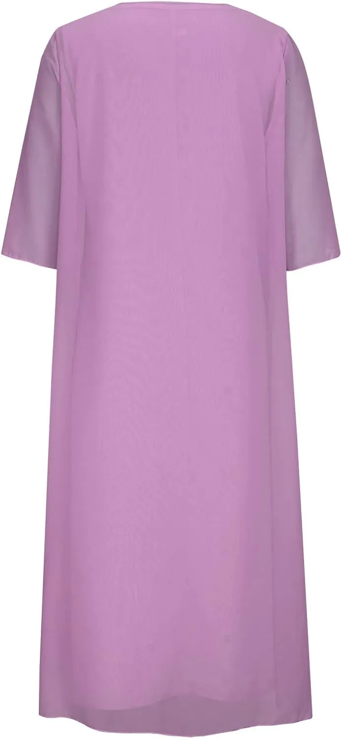Womens Flowy Floral Dresses with Jacket 2 Piece Set 3/4 Sleeve Sheer Chiffon Summer Cocktail Wedding Guest Dress