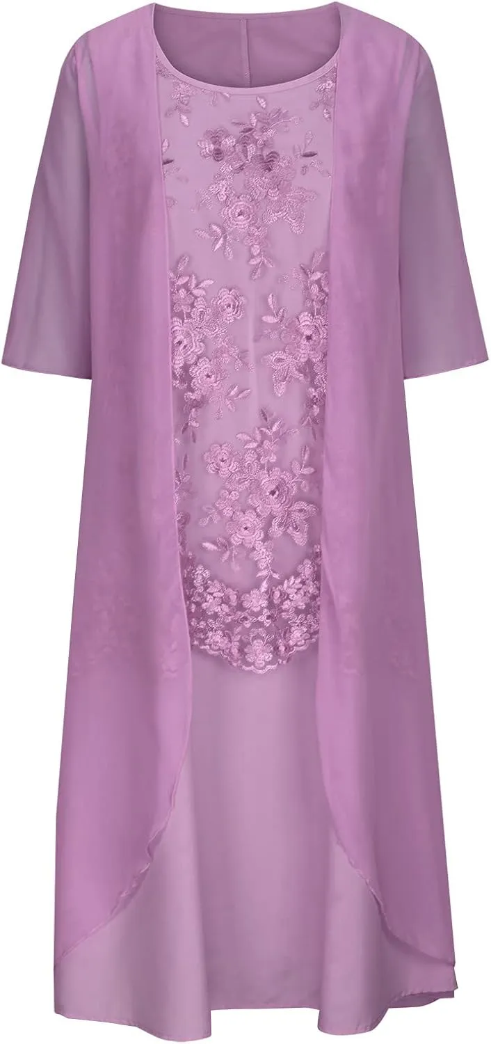 Womens Flowy Floral Dresses with Jacket 2 Piece Set 3/4 Sleeve Sheer Chiffon Summer Cocktail Wedding Guest Dress